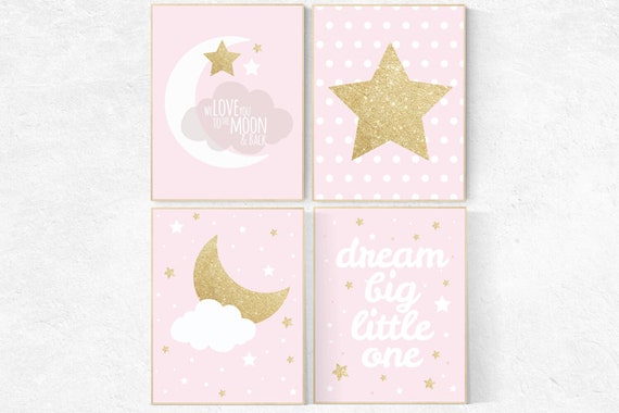 Pink and gold nursery decor, pink gold nursery wall art, nursery decor girl, star nursery, dream big, girls room decor gold, moon and back