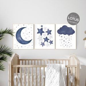 Navy nursery decor, cloud and stars, moon and stars, navy blue nursery art. baby room wall art, boy nursery decor, set of 3, nursery art