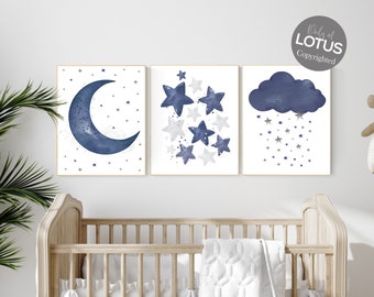 Navy nursery decor, cloud and stars, moon and stars, navy blue nursery art. baby room wall art, boy nursery decor, set of 3, nursery art