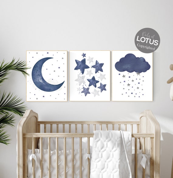 Navy nursery decor, cloud and stars, moon and stars, navy blue nursery art. baby room wall art, boy nursery decor, set of 3, nursery art