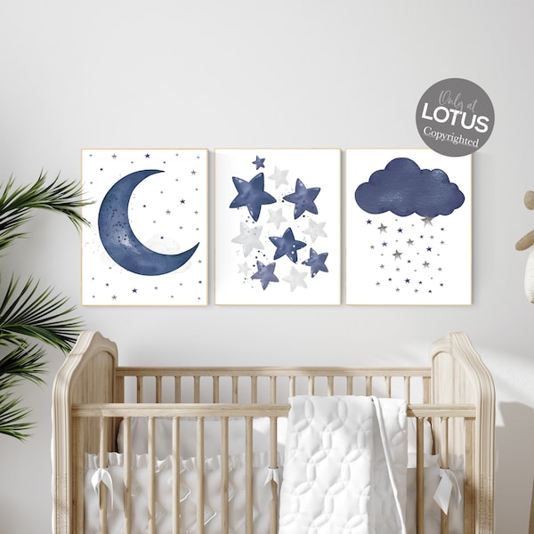 Navy Nursery Art Prints: Moon, Stars, Cloud Set (Set of 3)