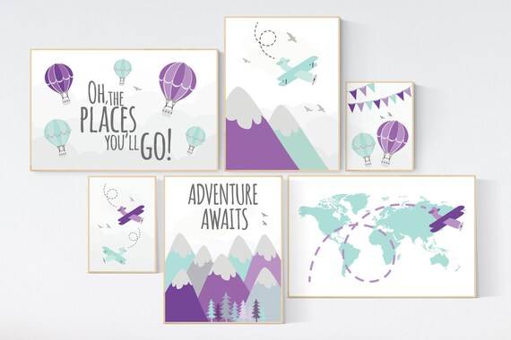 Nursery decor girl adventure, mountain, purple teal, Adventure theme nursery, hot air balloon, world map, adventure awaits, travel nursery