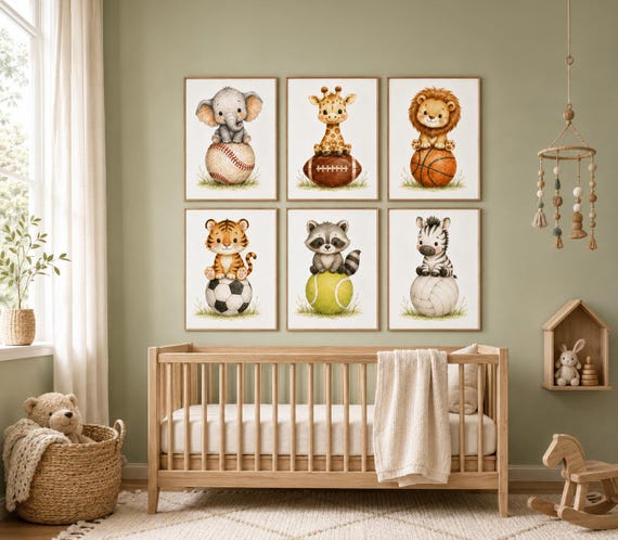 Sports Nursery Wall Art Set of 6, Safari Animal Prints, Baby Boy Room Decor,