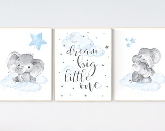 Elephant Nursery Art Prints: Dream Big, Baby Boy Decor