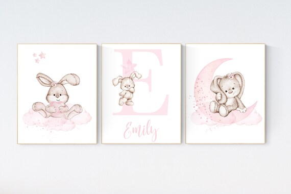 Nursery wall art bunny, pink nursery decor, Nursery decor girl flower bunny, bunny print nursery girl, rabbit nursery, rabbit print nursery