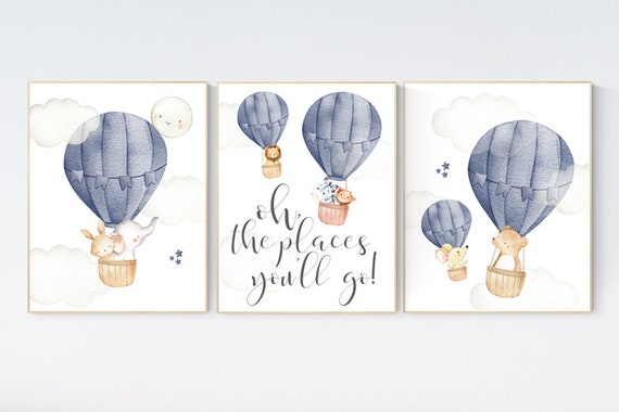 Hot air balloon nursery, Nursery decor boy, navy blue, travel theme, elephant, bear, lion, monkey, bunny, travel nursery, woodland animals