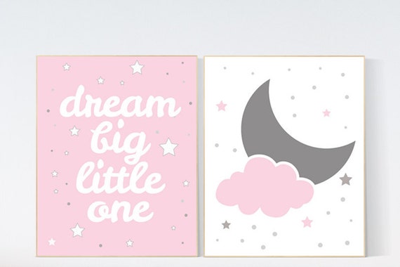 Moon and stars nursery, pink nursery decor, Dream Big Little One Art Print, nursery decor girl, star nursery decor, pink grey, nursery art