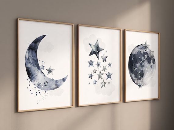 Navy nursery decor, cloud and stars, moon and stars, navy blue nursery art. baby room wall art, boy nursery decor, set of 3, nursery art