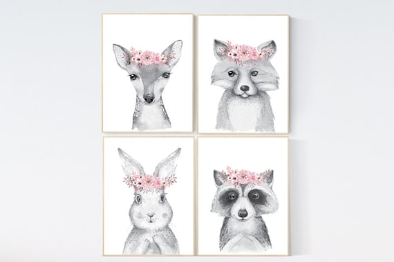 Nursery decor girl woodland animals, nursery decor girl boho, nursery decor girl coral, nursery decor girl flower, floral, animal prints