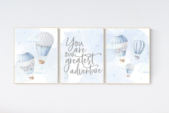 Nursery decor boy adventure, blue nursery, hor air balloon, woodland animals, elephant, baby bear, giraffe, bunny, baby room wall art