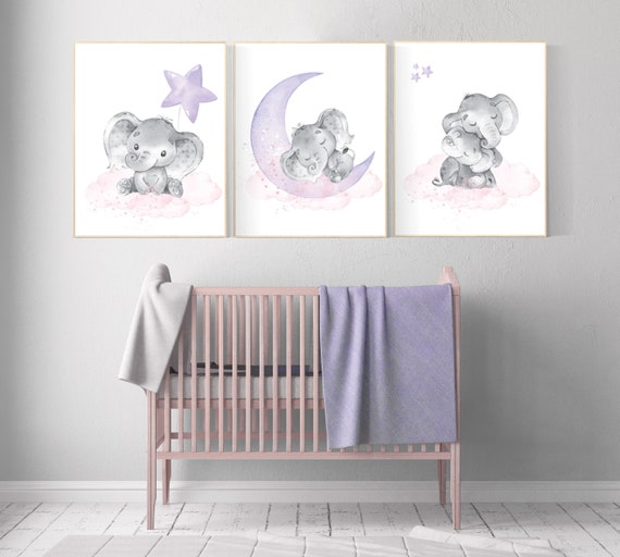 Nursery decor girl elephant, lavender, nursery decor girl pink and purple, animal nursery, elephant decor for nursery for girl, lilac art