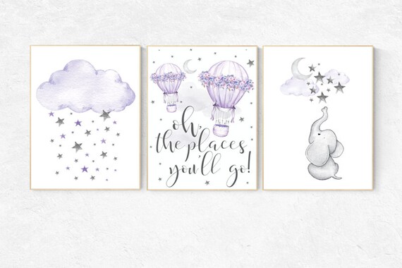 Nursery decor girl purple, nursery decor elephant, Nursery decor girl lavender and gray, oh the places you'll go, lilac, hot air balloons