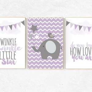 Purple nursery decor, Twinkle Twinkle Little Star, elephant nursery, baby girl nursery wall art, new baby gift, purple gray nursery elephant