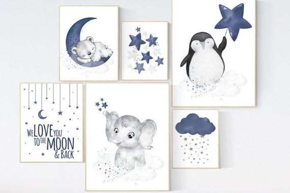 Nursery decor boy elephant, penguin, bear nursery wall art boy, navy Blue, moon and stars, navy nursery, boy nursery decor, elephant nursery