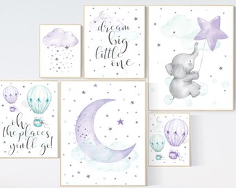 Paars-mint kinderkamerkunstprints: decoratie babymeisje