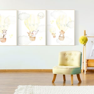 Nursery decor girl yellow, yellow nursery print, nursery wall art animals, hot air balloon nursery art, elephant, giraffe, bear, bunny print