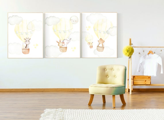 Nursery decor girl yellow, yellow nursery print, nursery wall art animals, hot air balloon nursery art, elephant, giraffe, bear, bunny print