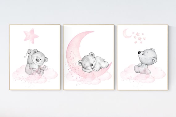 Nursery decor bear, bear nursery print,  teddy bear, pink grey nursery, nursery wall art animals, girl room decor, baby girl nursery decor