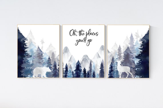 Nursery decor woodland, mountain wall art, tree nursery decor, adventure theme nursery, forest, navy and baby blue, woodland animals