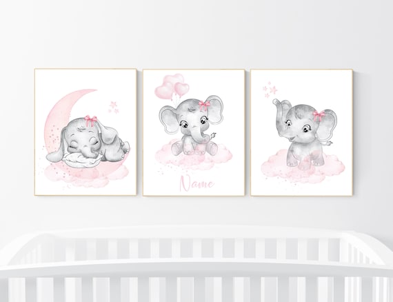 Nursery wall art girl elephant, pink and grey, nursery decor girl pink, moon, stars, nursery prints, baby room decor, girl nursery, animals