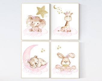 Pink and gold nursery, Nursery decor girl elephant, animal nursery, bunny nursery art, pink gold, bear nursery, giraffe baby room wall art