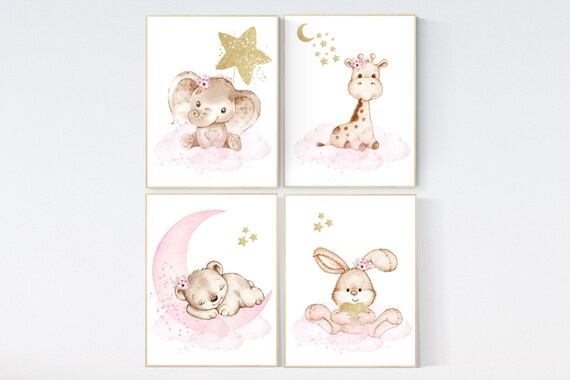 Pink and gold nursery, Nursery decor girl elephant, animal nursery, bunny nursery art, pink gold, bear nursery, giraffe baby room wall art