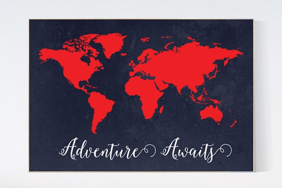 Adventure awaits Nursery print, navy and red, World Map print, Kid's Room Decor, Children's playroom decor, toddler room, navy nursery art