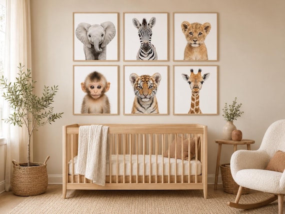 Safari Nursery Wall Art Set of 6, Baby Animal Prints, Elephant Zebra Lion Giraffe
