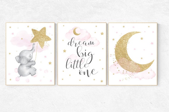 Nursery wall art girl elephant, baby room decor girl gold and pink, dream big little one, cloud and stars, baby room decor, nursery wall art