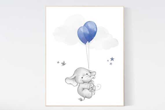 Nursery decor boy elephant, navy nursery wall art, elephant balloon print, navy blue, navy gray nursery wall decor, boy nursery ideas