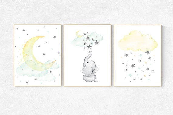 Gender neutral, Mint and yellow nursery, nursery decor elephant, cloud and star, mint green and yellow, nursery wall decor, elephant nursery
