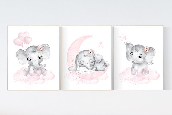 Elephant nursery art, elephant nursery print, pink and grey nursery, moon and stars nursery, baby girl room prints, pink nursery, balloons