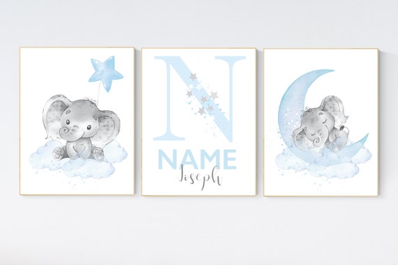 Nursery decor boy, elephant nursery art, blue nursery decor, boy nursery wall art, boy nursery wall art, name nursery boy