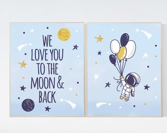 Print kinderkamerdecoratie ruimte: kunst astronaut, maan en achterkant