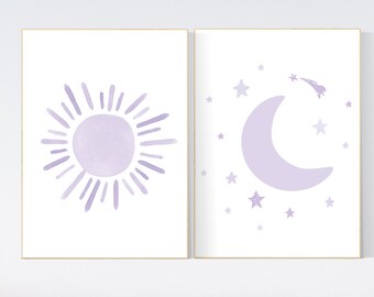 Nursery prints purple, Nursery decor girl, nursery wall art, purple, lavender, moon star, cloud, nursery wall art, sunshine, lilac, girls