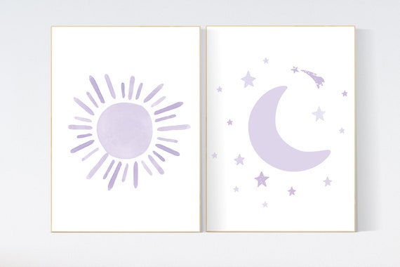 Nursery prints purple, Nursery decor girl, nursery wall art, purple, lavender, moon star, cloud, nursery wall art, sunshine, lilac, girls