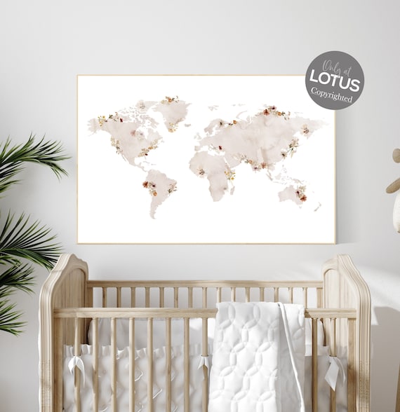 Watercolor world map, neutral color, vintage botanical print, adventure awaits, travel theme nursery, world map poster, flower nursery