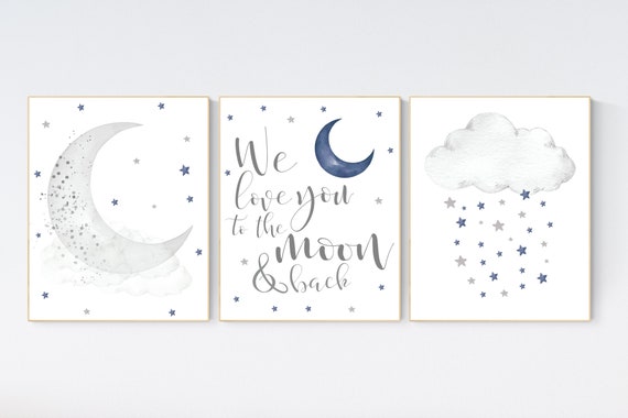 Nursery decor boy navy blue, Nursery wall art boy, navy nursery decor, moon and stars, we love you to the moon and back, nursery prints boy