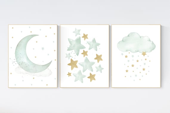Sage green gold nursery decor, gender neutral nursery, sage green, moon and stars, set of 3, nursery prints, green gold nursery