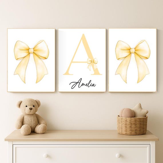 Yellow Bow Nursery Wall Art Set – Personalized Name and Initial Print – 3 Piece Baby Girl Decor – Soft Watercolor Bow Prints