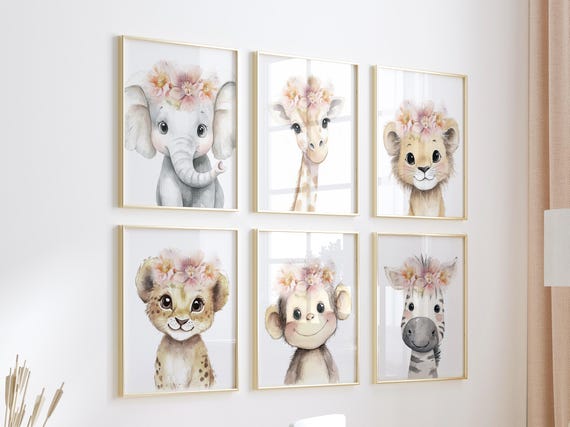Girl Safari Nursery Wall Art Set of 6, Floral Baby Animal Prints