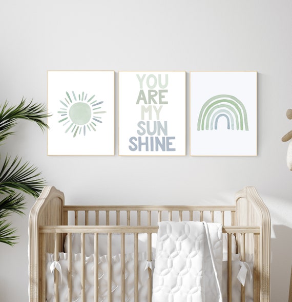 Nursery prints rainbow, gender neutral, sage green nursery wall decor, rainbow, sun, your are my sunshine, nursery decor neutral, green