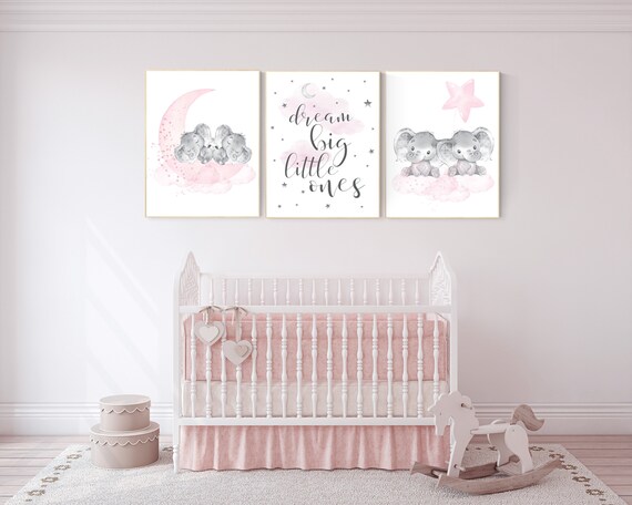 Elephant Nursery Art Prints: Pink Gray Baby Room Decor - Main Image