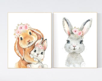 Kaninchen Aquarell Drucke: Blumenkrone Kaninchen Kinderzimmer Wandkunst