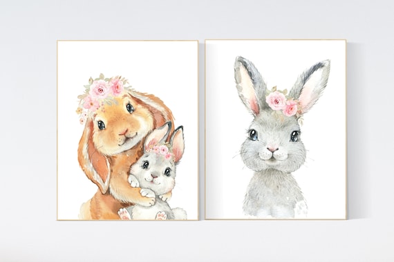 Nursery wall art bunnies, bunny nursery print, rabbit nursery, Bunny Watercolor Prints, bunny nursery decor, rabbit nursery, flower bunny