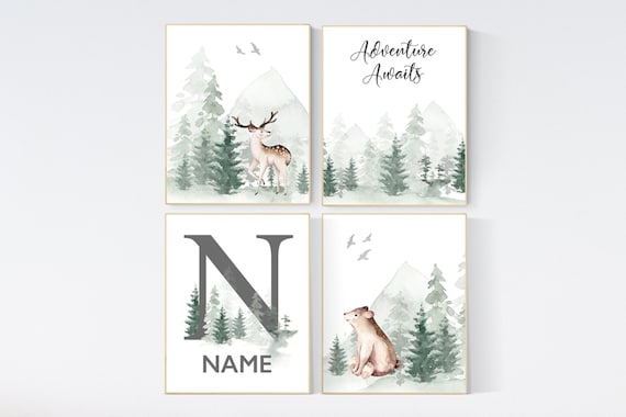 Nursery decor woodland, mountain wall art, tree nursery, adventure theme nursery, forest, woodland animals, forest nursery, gender neutral