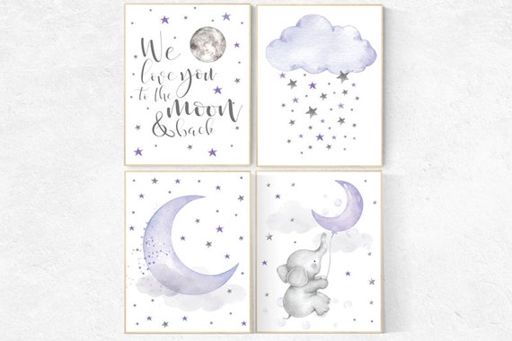 Baby room decor elephant, purple nursery wall art, nursery decor lavender, lilac, to the moon and back, cloud and stars, baby room decor