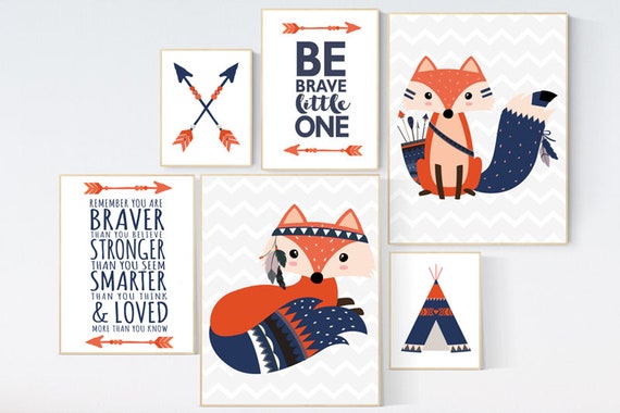 Nursery decor woodland, nursery wall art woodland, nursery prints woodland, nursery prints quotes, fox nursery decor, navy orange nursery