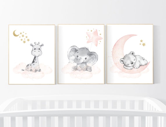 Nursery decor girl, blush gold, Animal nursery, nursery decor girl woodland animals, bear, elephant, giraffe, girl nursery ideas