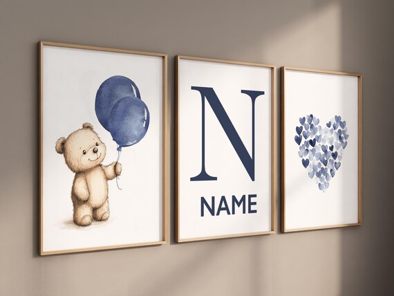 Navy bear wall art, boy nursery balloon prints, custom name nursery decor, blue heart wall art, baby boy room prints, navy blue nursery set